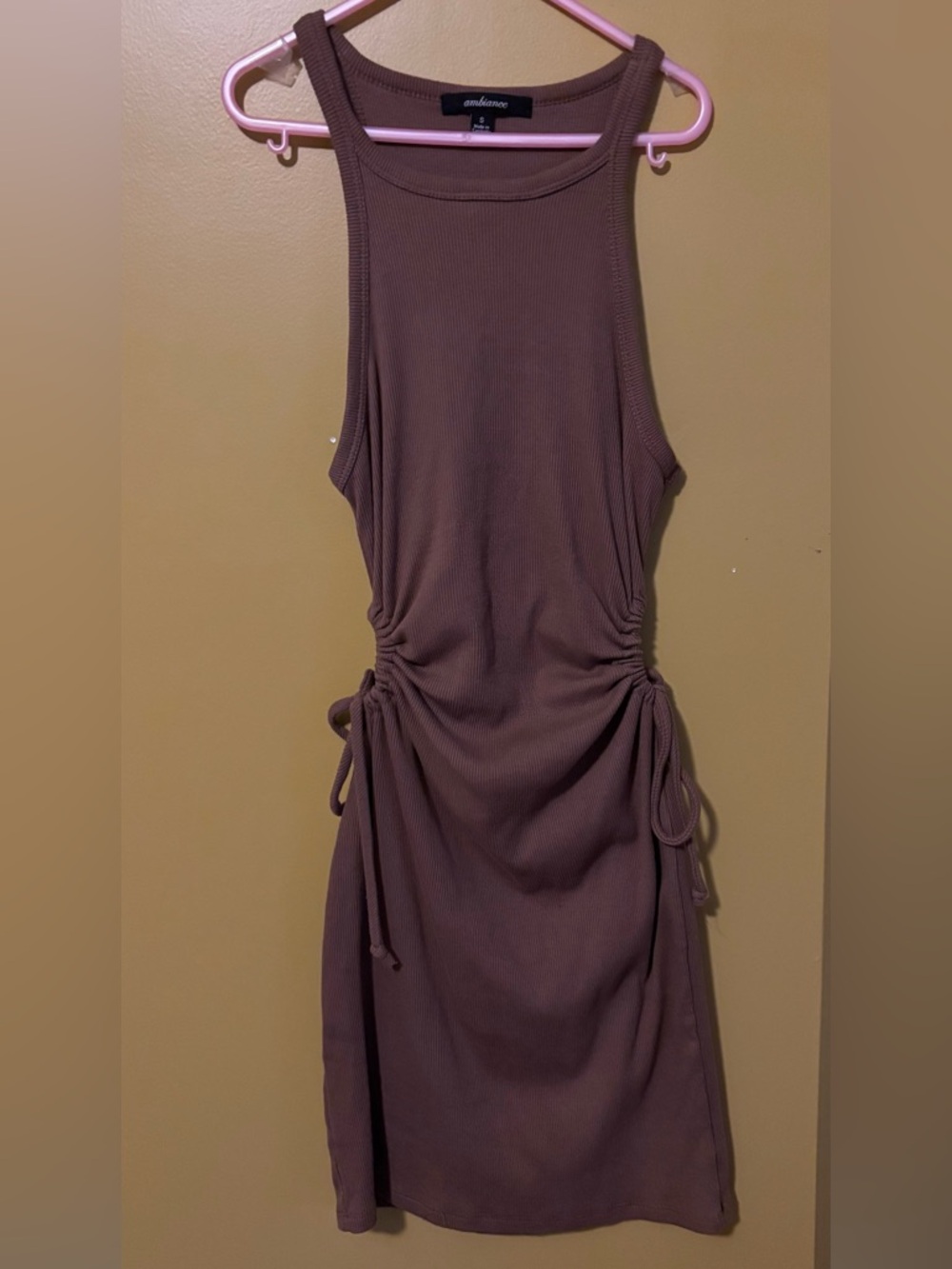 Bold Ribbed Brown Tank Dress With Side Ruching (S)
